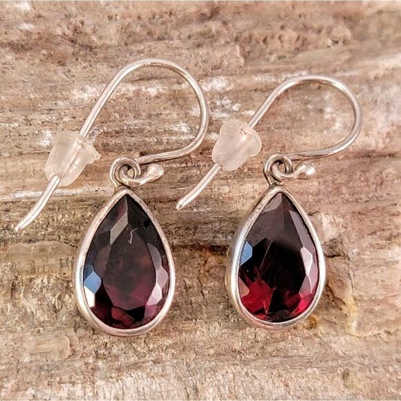 Sterling Silver Bali Style CZ Garnet Pear Drop Earrings - Picture 2 of 6